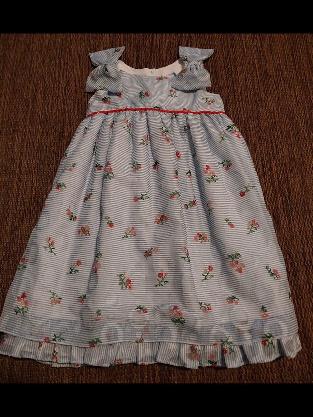 Laura Ashley of London Girls Blue Striped Floral Sundress with Red Trim
